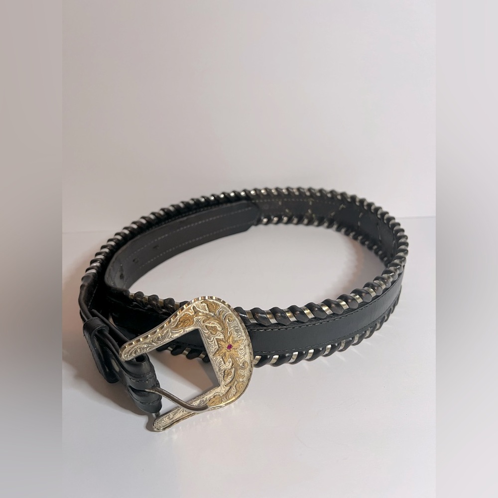 Circle Y Brown Black Leather Belt with Gold Buckle